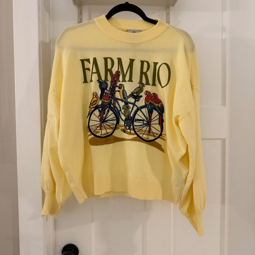 Farm Rio Yellow Birds Bicycle Embroidered Sweater Puff Sleeve Medium NEW